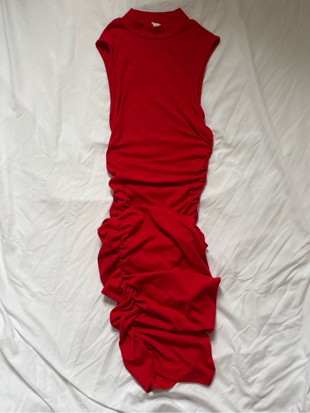 Red Ruched Women's Dress - Sleek High-Neck Design